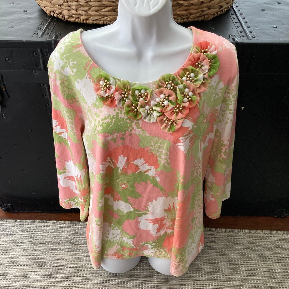 Ruby Rd, Pastel Coral Green Gold  White  Floral Embellished 3/4 Sleeve Top 1X